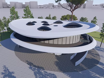 Modern Circular Architectural Building Design With Round Skylights Surrounded By Trees And Urban Backdrop 3d model