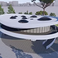 Modern Circular Architectural Building Design With Round Skylights Surrounded By Trees And Urban Backdrop