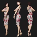 Woman In Floral Dress With Three Angles Front Side Back Views Wearing Black High Heels