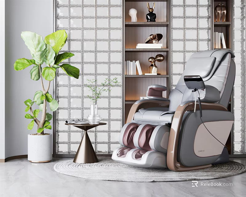 Comfortable Modern Massage Chair in Stylish Room with Green Plant Side Table and Brick Wall 3d model 