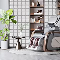 Comfortable Modern Massage Chair in Stylish Room with Green Plant Side Table and Brick Wall