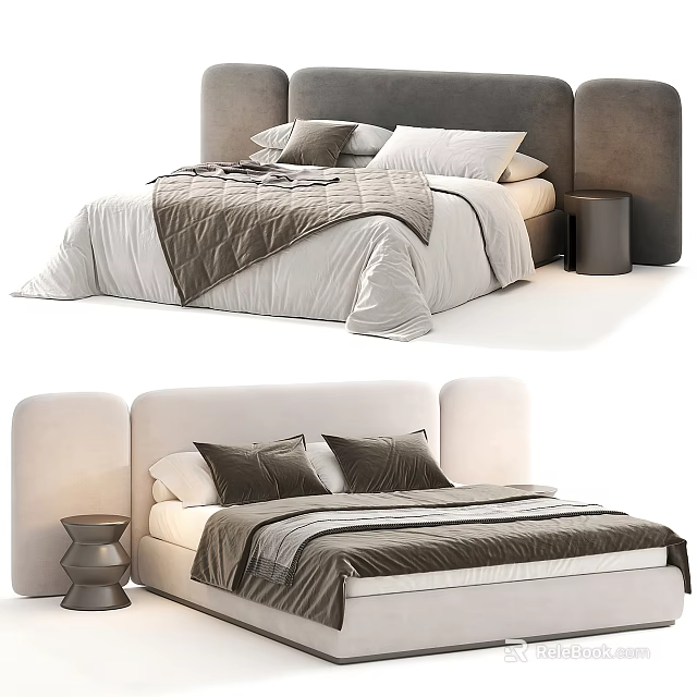 Modern Double Bed with Upholstered Headboard Gray White Bedding and Side Nightstand 3d model 