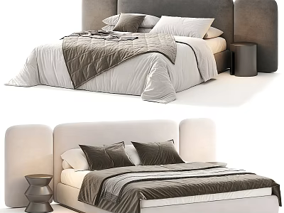 Modern Double Bed with Upholstered Headboard Gray White Bedding and Side Nightstand 3d model