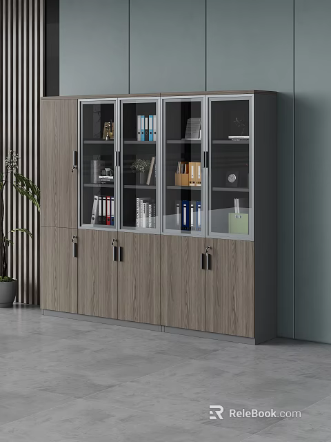 Modern Interior File Cabinet With Glass Doors Wooden Panels And Organized Files Books 3d model 