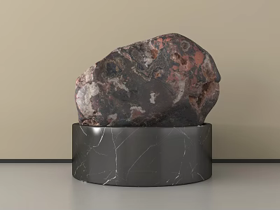Natural Red Brown Stone Displayed On Black Marble Base With White Veins 3d model