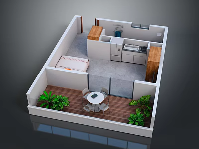 Cartoon Scene of Cozy Small Apartment Open Layout with Bedroom Kitchen Dining and Balcony Plants 3d model