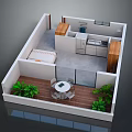 Cartoon Scene of Cozy Small Apartment Open Layout with Bedroom Kitchen Dining and Balcony Plants
