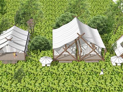 White Canvas Tent Glamping Guesthouse In Lush Green Surroundings With Wooden Decks 3d model