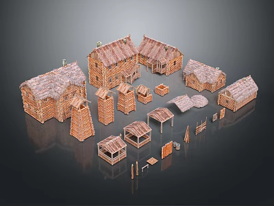 Wooden House Models with Various Roof Styles and Small Building Components in Rustic 3d model