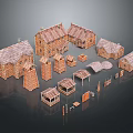 Wooden House Models with Various Roof Styles and Small Building Components in Rustic