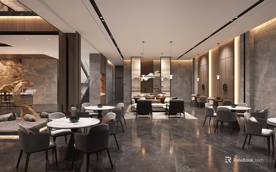 Modern Lounge Area With Cozy Lighting Elegant Furniture Tables Chairs And Marble Floor 3d model 