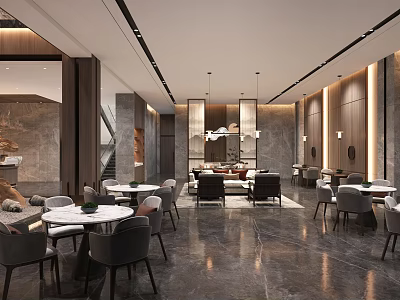 Modern Lounge Area With Cozy Lighting Elegant Furniture Tables Chairs And Marble Floor 3d model
