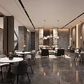 Modern Lounge Area With Cozy Lighting Elegant Furniture Tables Chairs And Marble Floor