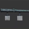 Antique Brass Cannon With Green Patina On Stone Pedestals And Ornate Carvings