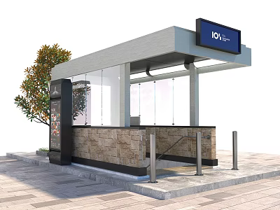 Modern Bus Stop with Glass Walls Stone Wall Digital Joy Screen and Tree 3d model