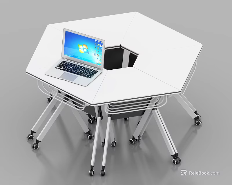Hexagonal White Office Desk With Laptop On Top And Movable Wheels 3d model