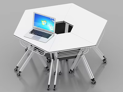Hexagonal White Office Desk With Laptop On Top And Movable Wheels 3d model