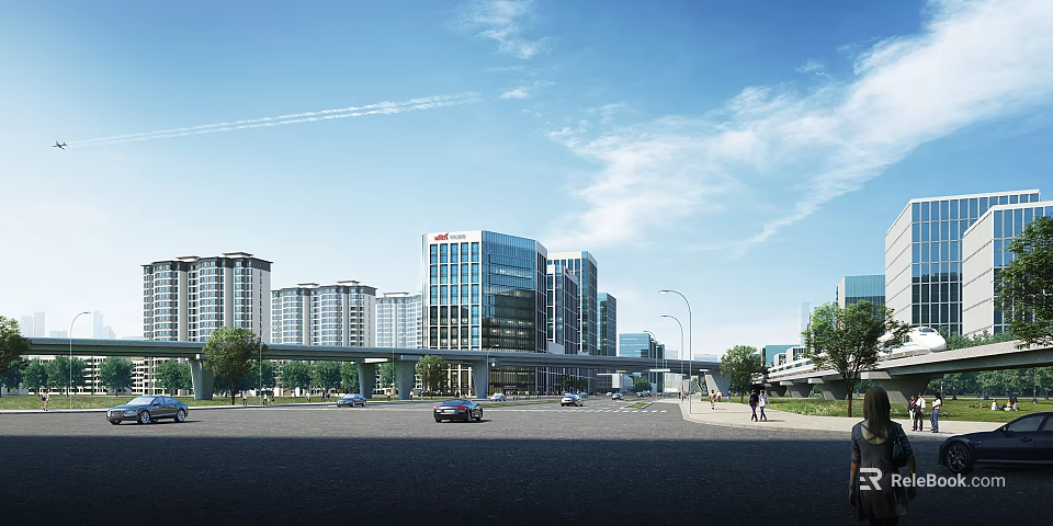 Modern Office Building in Urban Cityscape with Road Cars Pedestrians and Blue Sky Clouds 3d model 