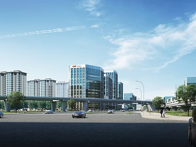 Modern Office Building in Urban Cityscape with Road Cars Pedestrians and Blue Sky Clouds 3d model