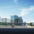 Modern Office Building in Urban Cityscape with Road Cars Pedestrians and Blue Sky Clouds