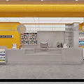 Modern Supermarket Department Store Interior With Yellow Walls White Shelves Cashier Counter And Product Displays
