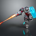 Robot Character With Blue Shield Arm Emitting Orange Beam And Silver Red Blue Mechanical Armor