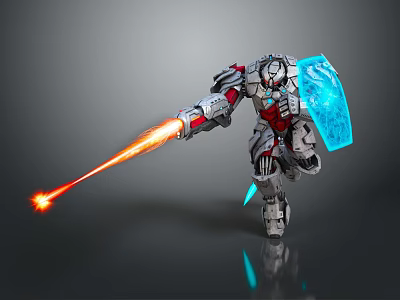 Robot Character With Blue Shield Arm Emitting Orange Beam And Silver Red Blue Mechanical Armor 3d model