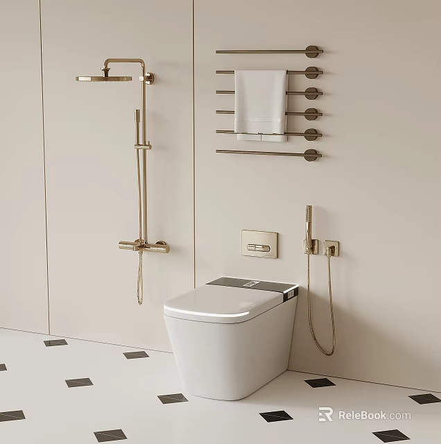Modern White Toilet With Gold Fixtures Light Colored Walls And Black White Floor Tiles 3d model 