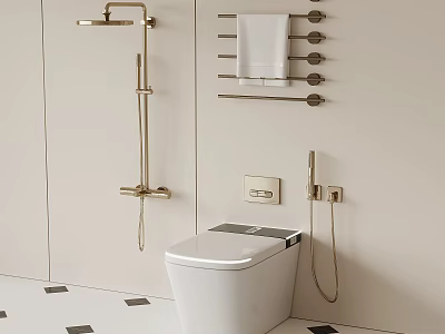 Modern White Toilet With Gold Fixtures Light Colored Walls And Black White Floor Tiles 3d model