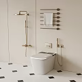 Modern White Toilet With Gold Fixtures Light Colored Walls And Black White Floor Tiles