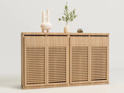 Wooden Entryway Cabinet Sideboard With Louvered Doors And Decorative Vase Green Plant 3d model
