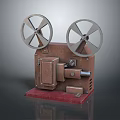 Vintage Projection Monitoring Equipment Old Fashioned Film Projector With Two Reels Brown Body Red Base