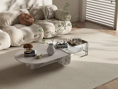 Modern Marble Coffee Table with Vase Plant Books and Tray in Bright Living Room 3d model