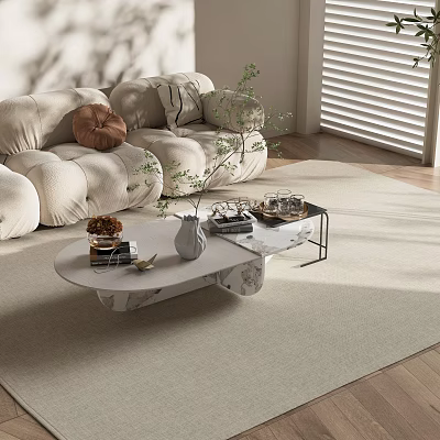 Modern Marble Coffee Table with Vase Plant Books and Tray in Bright Living Room 3d model