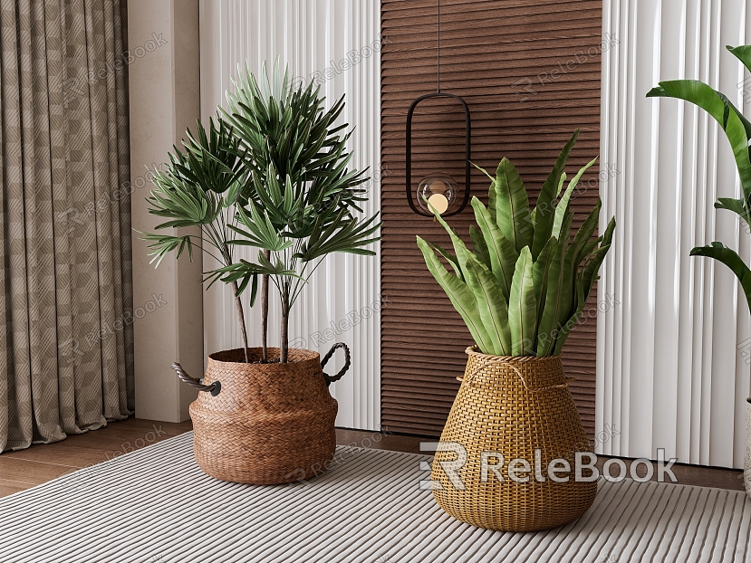 Wind bamboo basket green plant potted plant combination model