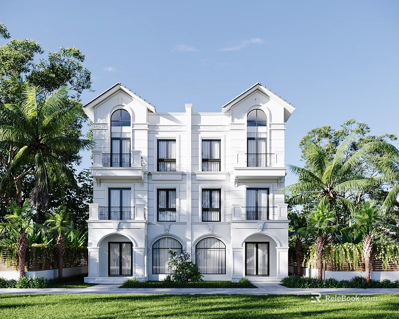Elegant White Three Story Detached Villa Exterior With Palm Trees And Lawn 3d model 
