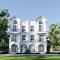 Elegant White Three Story Detached Villa Exterior With Palm Trees And Lawn