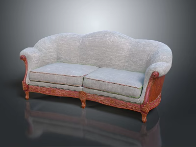 Light Gray Fabric Two Seater Sofa With Red Carved Wooden Frame And Legs 3d model