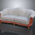 Light Gray Fabric Two Seater Sofa With Red Carved Wooden Frame And Legs