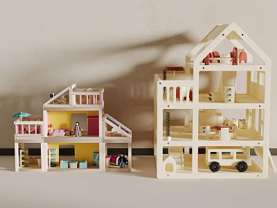 Wooden Building Blocks House Models With Multi Level Structure Miniature Furniture And Doll Figures 3d model