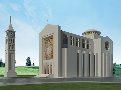 European Architectural Building with Clock Tower Crosses Stained Glass Dome Columns Green Lawn and Trees 3d model