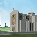 European Architectural Building with Clock Tower Crosses Stained Glass Dome Columns Green Lawn and Trees