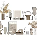 Decorative Ornament Collection Featuring Vases Sculptures Framed Art Dried Plants And Aromatic Diffusers