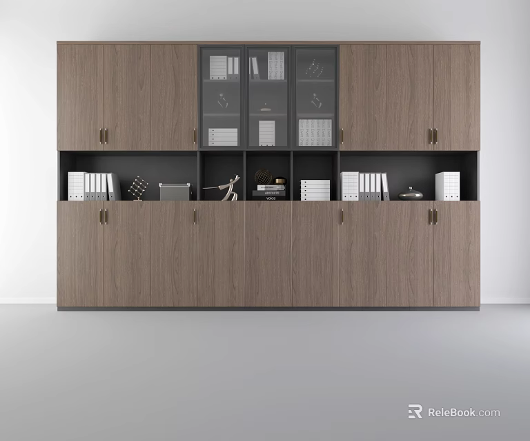 Modern Wooden Bookcase With Glass Cabinets Open Shelves Closed Storage Holding Books And Decorative Items 3d model 