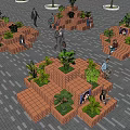 Modular Wooden Tree Planters in Urban Outdoor Plaza With Green Plants and People Sitting Around