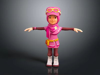 Cartoon Game Movie Character In Pink Outfit With Goggles Yellow Belt Brown Sleeves And White Boots 3d model
