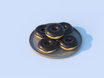 Five Chocolate Donuts with Glossy Chocolate Glaze Served on a Plate 3d model