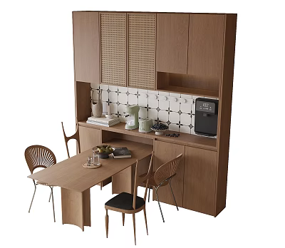 Minimalist Wooden Dining Table And Chairs Set With Lattice Cabinet And Tile Backsplash 3d model
