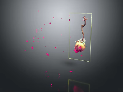 Hanging Pink Flower In Transparent Frame With Scattered Petal Fragments Dark Background And Reflection 3d model