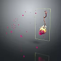 Hanging Pink Flower In Transparent Frame With Scattered Petal Fragments Dark Background And Reflection